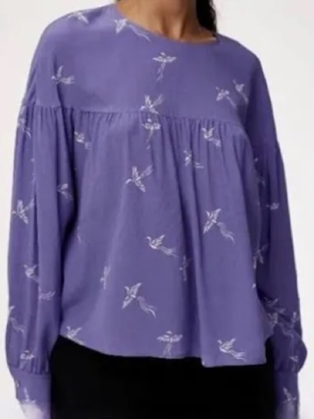 NWT Aritzia Wilfred Elisa Silk Crane Bird Print Blouse Lavender XS